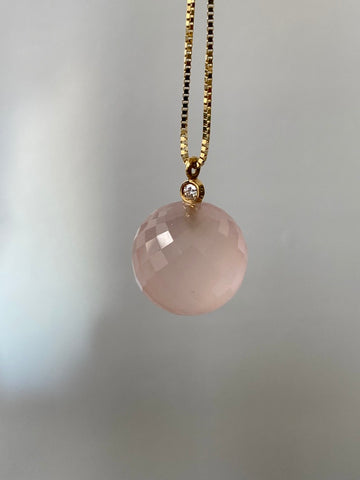 Sparkling! Rose quartz faceted orb pendant necklace set in 18k gold with 0.05 ct brilliant cut diamond by Ole Lynggaard