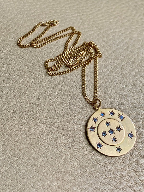Vintage Swedish 13 stone Celestial coin pendant - 18k gold handmade